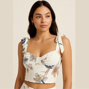 ** Style Rack Ivory Floral Cropped Top with Tie Shoulder Straps Size S